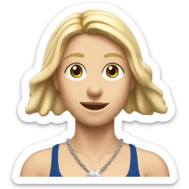 A girl with long blonde hair with wide shoulders wearing a Great Britain rowing swimming suit and has small muscles and add a necklace that has a sea shell pendant on it. She must have a  necklace around the neck and the pendant is on her chest sticker