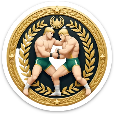 An icon symbolizing wrestling combat sports in the style of an emblem. The design features two wrestlers locked in a powerful grapple, one attempting to take the other down. Surrounding the scene are stylized elements like a championship belt, wrestling mat, and a laurel wreath.  sticker
