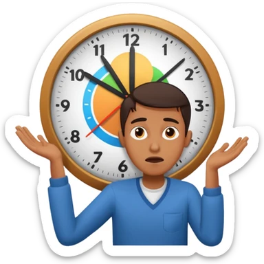 stressed person with clock and unfinished video project, expressive and vibrant sticker