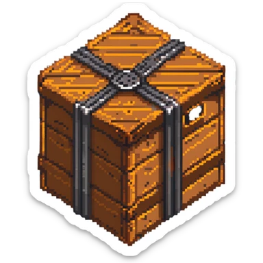 wooden crate with metal bands, orange brown color scheme, breakable box, 32x32 game asset sticker