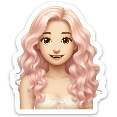 Pretty girl with long wavy light peachy pastel pink hair, pale skin, brown doe eyes, light makeup, smiling gently, beautiful, dress, gentle  sticker