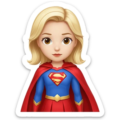 Blonde superhero girl, blue suit, red skirt, big red cape sticker