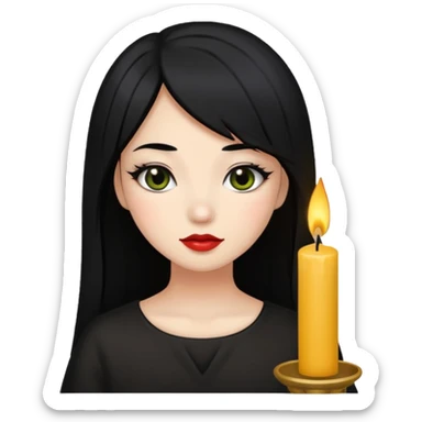 A gurl with black hair make up holding a candle sticker