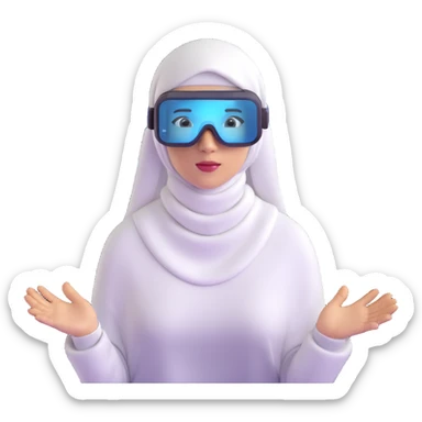 computer engineer with white hijab wearing AR glasses or VR headset, immersed in augmented reality, surrounded by floating metaverse elements, digital codes, virtual machines, tech graphics sticker