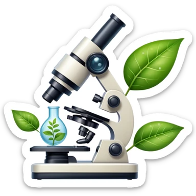 An icon featuring a microscope, a DNA strand, and a plant, symbolizing biology. The design includes animal cells, a leaf, and scientific formulas, representing the study of living organisms and ecosystems. Transparent background highlights biological research and discovery. sticker