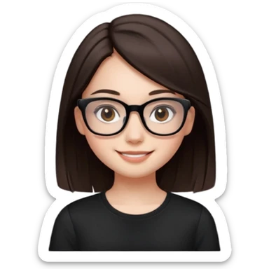 une ado, brune aux cheuveux tres fonces tres longs lisses blanche, ,lunettes carres/ rectanglesnoires, yeux bruns joues rose, haut noir sticker