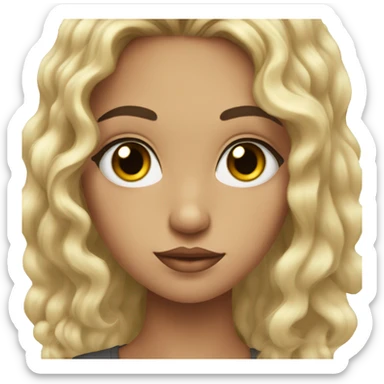 Girl with long black curly hair with semi black eye with eye liner and round face  sticker