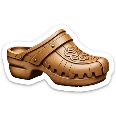 Cinematic Realistic Wooden Clogs Emoji, depicted as a pair of traditionally carved weathered wooden clogs with intricate details and rustic charm, rendered with rich textures and warm natural lighting that captures their cultural heritage. sticker