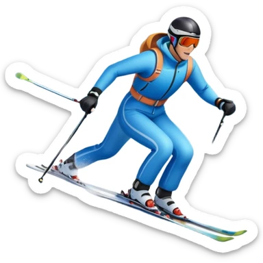 An icon featuring a skier racing down a snow-covered slope, surrounded by snowy peaks, pine trees, and a picturesque mountain landscape. The sky is blue with soft clouds, capturing the thrill and beauty of alpine skiing. Transparent background highlights the excitement and serenity of winter sports. sticker