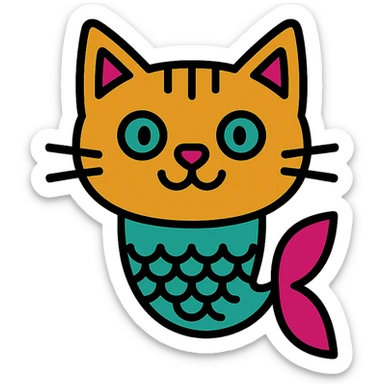 creative and colorful cat's face with a fish tail, colorful icon style sticker