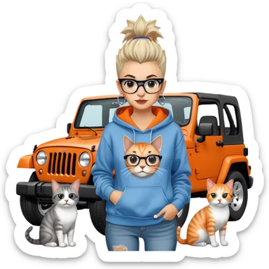 A woman with a Mohawk hair, retro cat glasses, wearing a pullover hoodie and jeans, with 4 cats: a black and white one, orange, orange and white and a gray tabby, next to a 4 door Blue Jeep Wrangler sticker