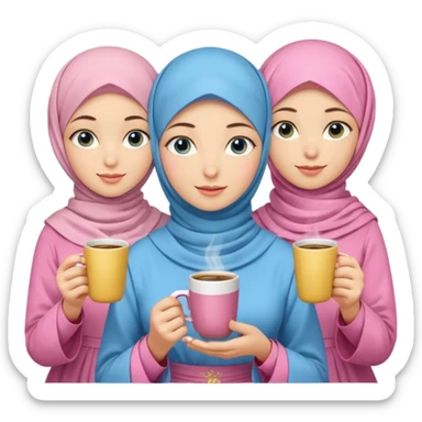 Turkish beautiful finish Konya three girls blue eyes with pink butter yellow hijab islamic dress and had on her hand turkish coffee   sticker