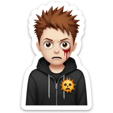 tired zombie with brown spiky hair, black hoodie, cartoon emoji style sticker