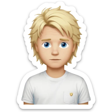 Create a look for a blond boy with long, tousled hair, light eyes, a white t-shirt, a wealthy appearance, blue eyes, and accessories like a Rolex or Cartier watch, and a cute face with messy hair down. sticker