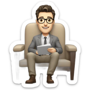 Pale skinned Fit Man With dark brown hair in gray jacket, beige office shirt, Brown pants and vintage glasses sitting In a soft chair with a notebook and a pen Fooling showing his tongue sticker