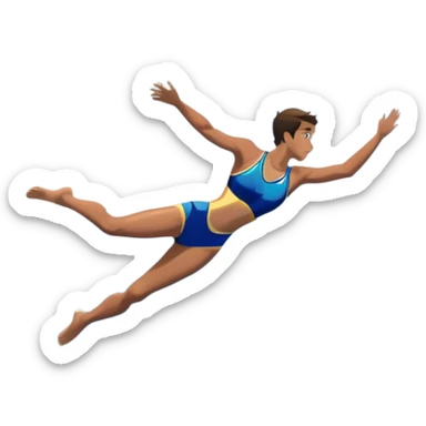 A diver mid-air, diving from a rocky cliff into the sparkling blue ocean below. The background shows a dramatic cliffside and clear sky, capturing the daring and exhilarating nature of cliff diving, with the water below ready to embrace the plunge. sticker