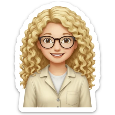 cewe kalem pake kacamata kulit putih rambut blonde Long Layered curly  baju  kodok warna cream tersenyum sticker