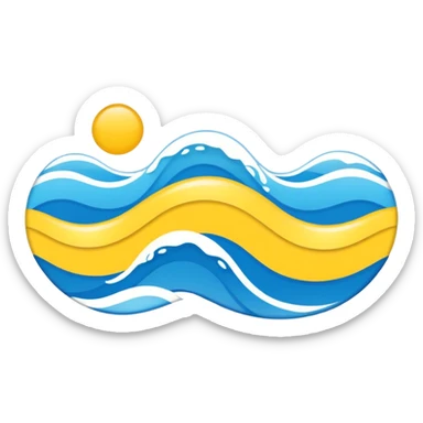 A swimming pool symbol with waves, representing broad sports variety (swimming, gym, classes). Rounded shapes, flat bright colors. sticker