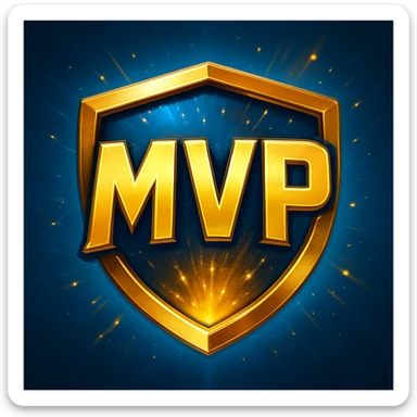 A gleaming, stylized badge with bold, slightly futuristic lettering 'MVP' set against a dynamic, gradient background of electric blue and gold. Small, energetic particle effects emanate from the text. sticker