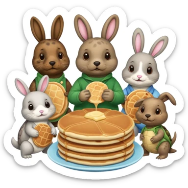 Seal, dog, bunny, turtle all eating pancakes in 1 image together sticker