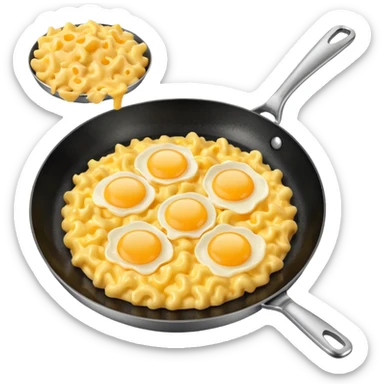 Fried Scrambled eggs mixed in with some cheesy Mac and cheese on a frying pan sticker