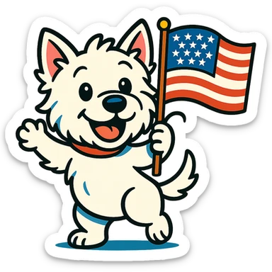 fun friendly Westie dog waving a US flag, cute cheerful energetic patriotic, vibrant toon style sticker