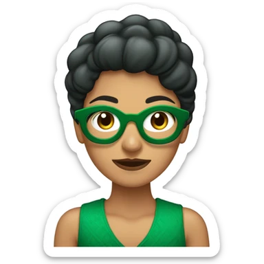 Mujer morena con ojos verdes, pecas, lentes cuadrados y cabello lacio corto. Cobrizo  sticker