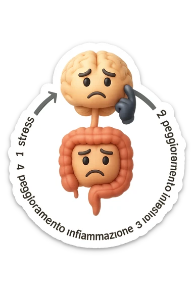 EMOJI STILE IPHONE 3D DI un cerchio con queste scritte che girano intorno in ordine per come li ho scritti "1. stress → 2. peggioramento intestinale → 3. aumento infiammazione → 4. peggioramento sintomi intestinali e sistemici." al centro del cerchio metti un cervello e intestino umani collegati verticalmente con espressione dubbiosa in volto, FALLO MOLTO REALISTICO IN 3D sticker