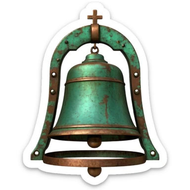 3D render of Church Bell, heavily oxidized copper texture, verdigris patina, Green weathered metal surface, weathered bronze aesthetic, ancient decay, emoji style, isolated on white background --v 6.0. sticker