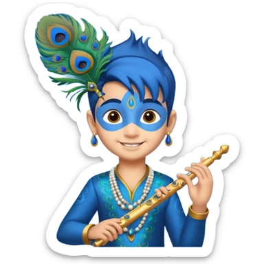 Kid Krishna, playful, holding a flute, blue skin, peacock feather in hair sticker
