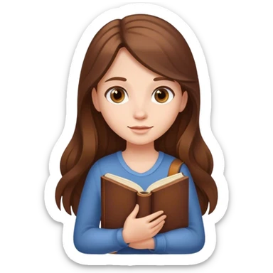 girl with fair skin and long brown hair holding a  book sticker