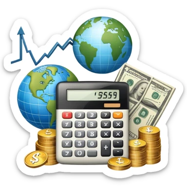 An icon featuring a calculator, a dollar sign, and a chart with upward trends, symbolizing economics. The design includes coins, bills, and a globe, representing global trade and financial systems. Transparent background highlights the study of markets, supply, and demand. sticker