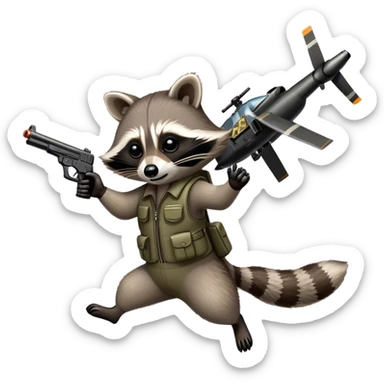 Raccoon flying helicopter, shooting a gun sticker