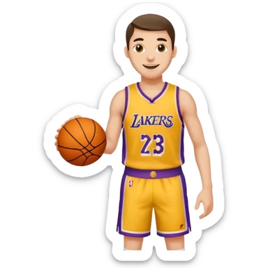 Joven con color de piel claro con uniforme de basquetball laker sosteniendo una pelota de basquet sticker
