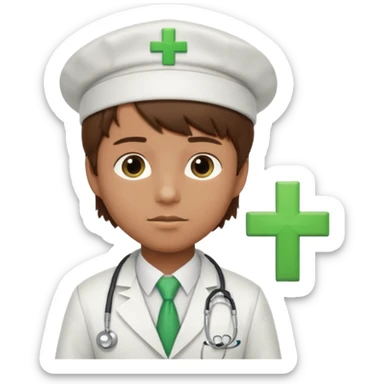 a doctor in white suit with a doctor hat with green cross brown hair boy sticker
