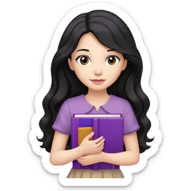 Long Hair Women with purple Book, Black wavy hair, beige dress sticker