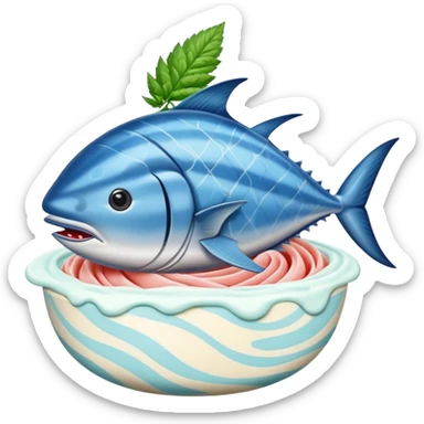 bluefin tuna in a gelato with cannabis leaf sticker