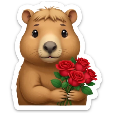 Cute capypara with sad puppy dog eyes holding roses  sticker