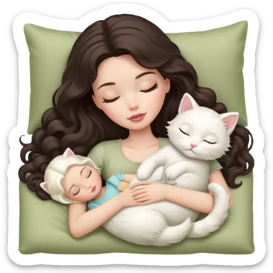 White Barbie girl dark brown long wavy hair sleeping with white kitty at pale olive bed sticker