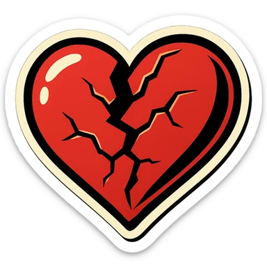 broken heart with very large cracks, clear black outlines, sharp shadows and highlights only, no gradients, retro sticker style sticker