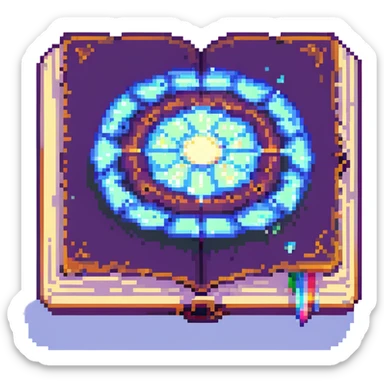 Add a magical glowing aura around the pixel art floating spellbook, keep background transparent. sticker