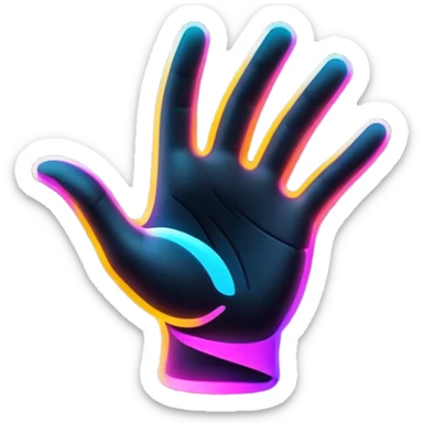 A futuristic abstract logo with curved dynamic lines resembling a subtle hand motion, glowing neon gradients, minimal and modern sticker