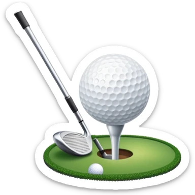 A golf ball on a tee with a golf club placed beside it, set against the backdrop of a well-manicured green golf course. The scene emphasizes the equipment and serene atmosphere of the sport, with soft lighting and a peaceful, open landscape sticker