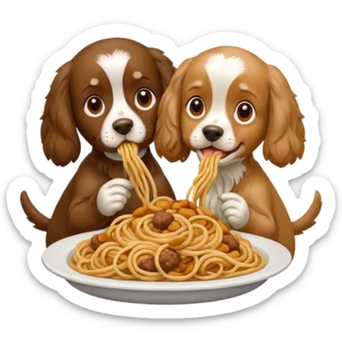 American Cocker Spaniel and Mongrel Eat Spaghetti Between Them, iphone emoji style, reference image: https://attic.sh/7pfc4fbn6y0ij1bao69rntq1w5mv sticker