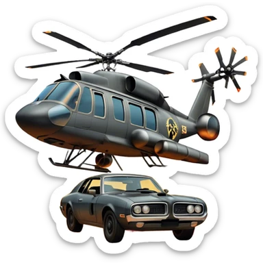 Icon for Action Movie: A vintage movie poster-style design featuring intense action scenes with explosions, weapons, and dramatic poses of Stallone. Include cars and helicopters flying out of flames in the background. Bold typography and retro cinematic style. Transparent background. sticker