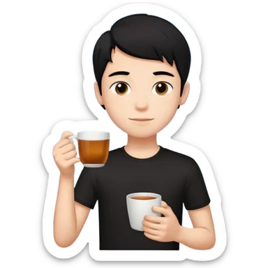 The boy teen have a black hair, and black T-shirt with a cup of tea. Sky blue background  sticker