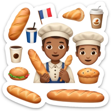 Make emojis of french bakery boy with different emotions and some french items like baguett camera coffee and etc. with PAUL logo sticker