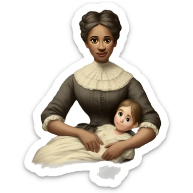 A 19th century woman with a child in her arms. There is a big letter "A" on the dress sticker