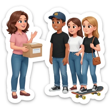 mujer de 45 años entregando folletos y hablando con grupo de adolescente vestido con jean y remera negra o blanca. alguna puede tener gorra, otro cartera, otra patineta sticker