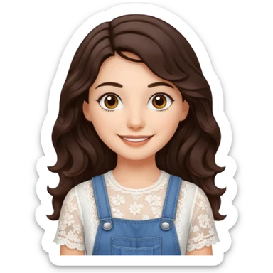 create an emoji of Sophie Sheridan in mamma Mia but with dark brown very long hair with waves and dark brown eyes. she wears a white lacy top and an overall sticker